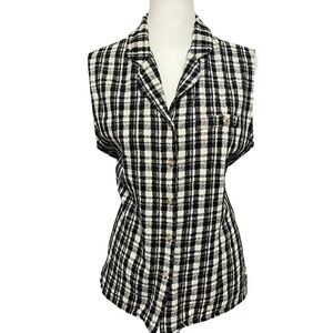 Silk ExChange 100% Silk Vest Top Sleeveless Button Plaid Black‎ White Womens XL